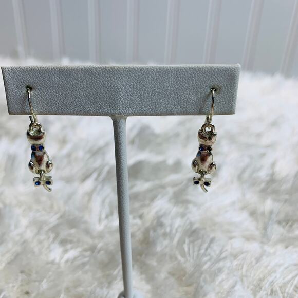 Vintage Silver Cat Articulated Tail Bow Earrings Blue Stones 1" length - Picture 1 of 5